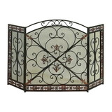 Traditional 3 Panel Metal Fire Screen with Filigree Design, Bronze, Black B056P158021