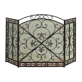 Traditional 3 Panel Metal Fire Screen with Filigree Design, Bronze, Black B056P158021