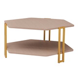 36 inch Hexagonal Modern Coffee Table, Wood Top and Shelf, Gold Metal Legs B056P158024