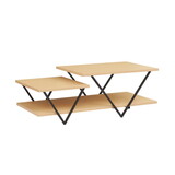48 inch 2 Tier Top Coffee Table with Bottom Shelf, V Shape Black Metal Legs, Light Maple Wood B056P158025