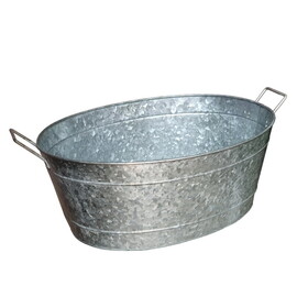 Embossed Design Oval Shape Galvanized Steel Tub with Side Handles, Small, Silver B056P158039