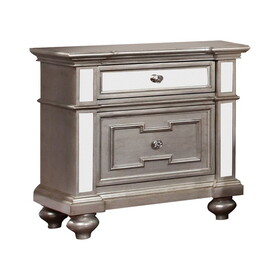 28 inch Bedside Nightstand, 2 Drawers, Mirror Panels, Crystal Acrylic Knobs, Silver B056P158041