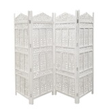 Aesthetically Carved 4 Panel Wooden Partition Screen/Room Divider, Distressed White B056P158045