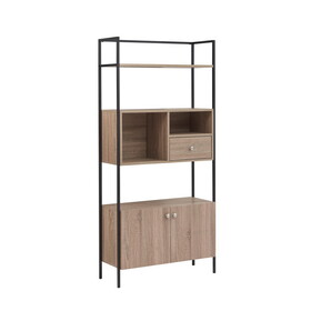 66 inch 3 Tier Etagere Bookcase with Open Compartment, Cabinet, Black Metal Frame, Light Natural Brown B056P158048