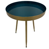 Enid 19 inch Side End Table, Iron Brass Plating, Enamel Blue Top, Modern Sleek Angled Legs B056P158053