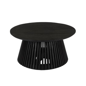 Ridge 32 inch Handcrafted Round Coffee Table, Mango Wood, Slatted Flared Base, Black B056P158055