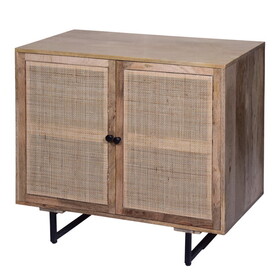 35 inch Handcrafted Accent Cabinet with 2 Mesh Rattan Doors, Black Iron Legs, Natural Brown Mango Wood Frame B056P158057