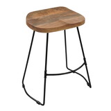 Tiva 24 inch Handcrafted Backless Counter Height Stool, Brown Mango Wood Saddle Seat, Black Metal Base B056P158058