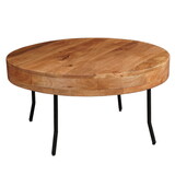 32 inch Coffee Table, Handcrafted Mango Wood Round Top, Black Metal Angled Legs B056P158061