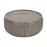 Alisha 36 inch Coffee Table, Handcrafted Drum Shape with Ribbed Edges, Gray Mango Wood B056P158066