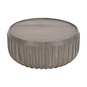 Alisha 36 inch Coffee Table, Handcrafted Drum Shape with Ribbed Edges, Gray Mango Wood B056P158066