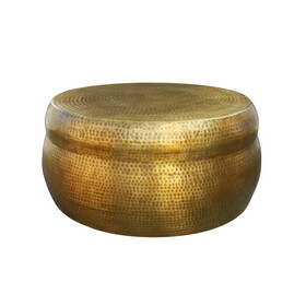 32 inch Artisanal Round Drum Coffee Table, Hammered Embossed Texturing, Aluminum, Antique Brass B056P158072