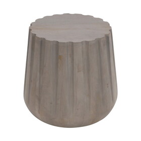 22 inch Side End Table, Mango Wood Drum Shape with Handcrafted Grooved Edges, Gray B056P158073