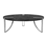 35 inch Round Coffee Table, Sandblasted Matte Black Mango Wood Top, Curved Aluminium Legs, Antique Silver B056P158074