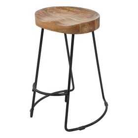 30 inch Handcrafted Backless Counter Height Barstool, Natural Brown Mango Wood Saddle Seat, Black Iron Base B056P158075