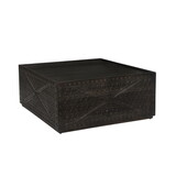 38 inch Handcrafted Mango Wood Square Coffee Table, Artisanal Carved Mesh Base, Black B056P158079