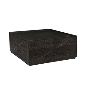 38 inch Handcrafted Mango Wood Square Coffee Table, Artisanal Carved Mesh Base, Black B056P158079