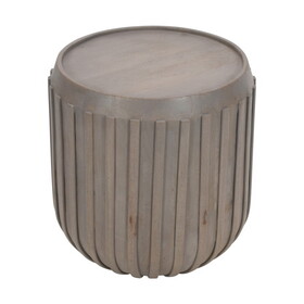 Alisha 25 inch Side End Table, Handcrafted Mango Wood Drum Shape with Ribbed Edges, Gray B056P158080