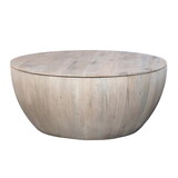37 inch Round Coffee Table, Handcrafted Drum Shape with Storage, Washed White Mango Wood B056P158082