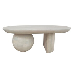 38 inch Coffee Table, Oblong Mango Wood Top with a Modern Ball Leg, Washed White B056P160030