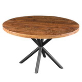 48 inch Handcrafted Dining Table, Solid Mango Wood Round Top with Iron Crisscrossed Legs, Natural Brown and Black B056P160034