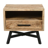 Bree 22 inch Modern Rustic Single Drawer Nightstand, Brown Mango Wood Frame, Black Iron Angled Legs B056P161658