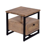 18 inch Nightstand End Table, 1 Drawer, Open Storage, Natural Brown Mango Wood with a Rectangular Black Iron Frame B056P161676