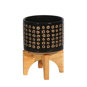Planter with Wooden Stand and Abstract Design, Small, Black B056P161684