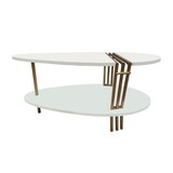 36 inch Modern Coffee Table, Oval Elliptical Shape, White Mango Wood with Antique Brass B056P161686