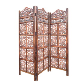 3 Panel Mango Wood Screen with Intricate Cutout Carvings, Brown B056P161698