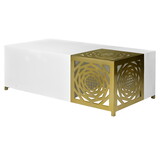 48 inch Rectangular Modern Coffee Table with Geometric Cut Out Design, White and Brass B056P161699