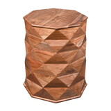 23 inch Handcrafted Drum Side Accent Table with a Multifaceted Diamond Cut Design, Natural Brown Acacia Wood B056P161700