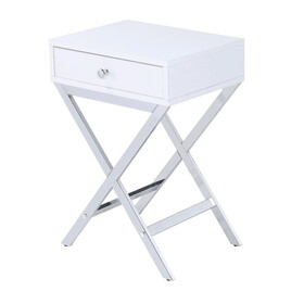 Wood and Metal Side Table with Crossed Base, White and Silver B056P161712