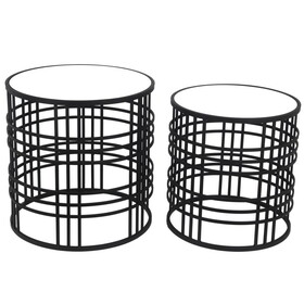 Mirrored Top Round Accent Table with Open Base, Set of 2, Black B056P161729