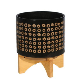 9 inch Ceramic Round Planter, Wood Stand, Circular Pattern, Medium, Black B056P161732