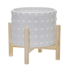 8 inches Planter with Dotted Planter and Wooden Stand, White B056P161734