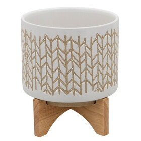 Planter with Chevron Pattern and Wooden Stand, Large, Off White B056P161735