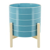 6 inch Ceramic Planter, Round, Stripes, Wood Stand, Light Blue B056P161736