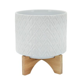 Ceramic Planter with Diamond Pattern and Wooden Stand, Small, White B056P161741
