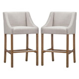 Wood and Fabric Barstool with Swooping Arms and Nail Head Trim, Set of 2, Beige and Brown B056P162457