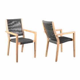 27 inch Wood Outdoor Dining Side Chair, Fishbone Weave, Set of 2, Black B056P162461