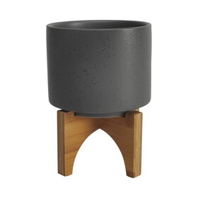 Planter with Textured Ceramic and Wooden Stand, Small, Gray B056P163153