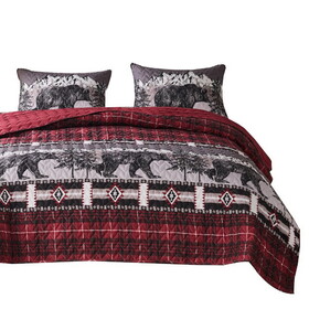 2 Piece Twin Quilt Set with Bear and Plaid Pattern, Gray and Red B056P163156