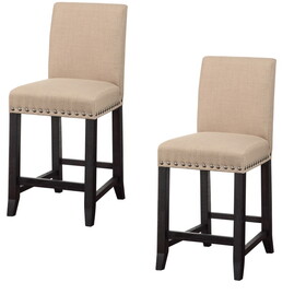 Fabric Upholstered Wooden Counter Height Stool with Nail head Trim, Set of 2, Brown