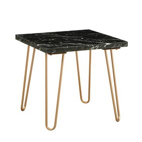 Black Marble Top End Table with Metal Hairpin Style Legs in Gold B056P163187