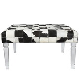 Cow Hide Upholstered Bench with Acrylic Legs, White and Black B056P163201