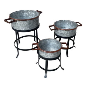 21, 18, and 16 inch 3 Piece Round Tub Metal Planter Set with Stand in Galvanized Gray and Black Iron B056P163260