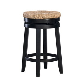 Wooden Counter Stool with Round Rattan Padded Seat, Black and Brown B056P164408