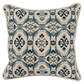 Fabric Throw Pillow with Medallion Print, Cream and Blue B056P164419