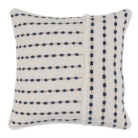 Fabric Throw Pillow with Embellished Handwoven Pattern, Beige and Blue B056P164420